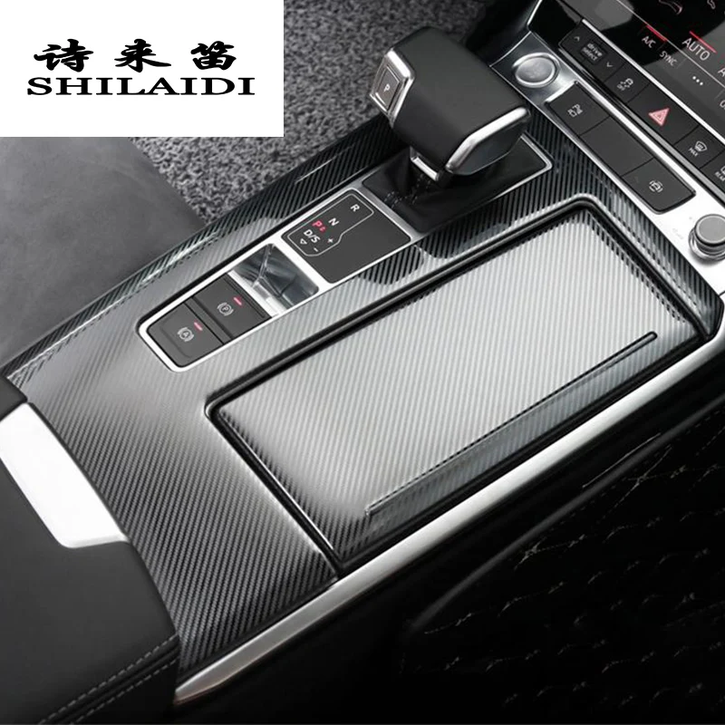 

Car styling Carbon fiber Water Cup Holder Gears button Gear panel Cover Stickers Trim for Audi A6 2019 Interior auto Accessories