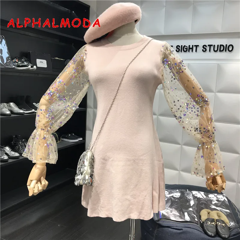

ALPHALMODA Sequined Sleeve Knitted Dress Women Sweet A-line Vestidos Above Knees Preppy Style Autumn Bottom Vestidos