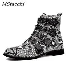 Mcacchi/Новинка года; зимние женские ботильоны с заклепками; обувь черного цвета из змеиной кожи на молнии с пряжкой; женская обувь на высоком квадратном каблуке