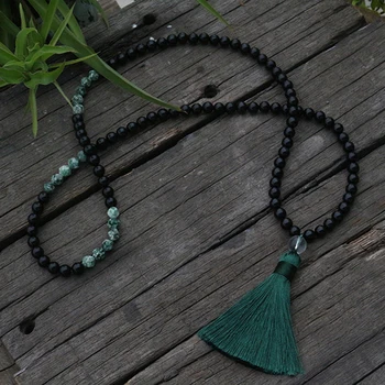 

100% 8mm Natural Beads,faceted Rainforest Jasper,Black Onyx,JapaMala,Yoga Necklace,Spiritual Jewelry,Meditation, 108 Mala Beads