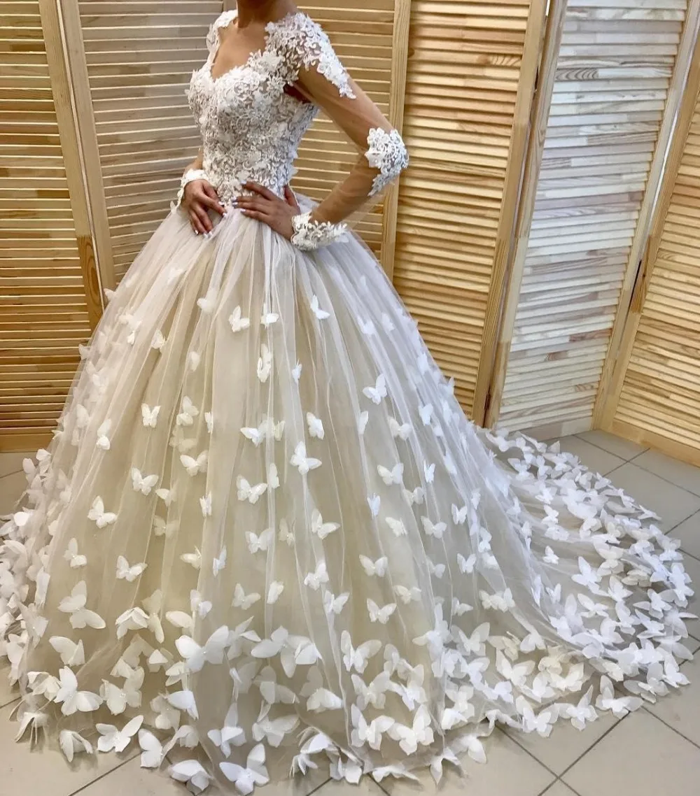 Свадебные платья Дубай пышные vestido de noiva robe de mairee аппликации бабочка свадебное платье Индивидуальные с длинным рукавом свадебные платья