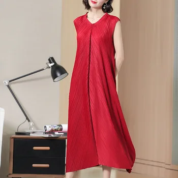 

Sleeveless Large-Size Loose Dresses Pure Colors Medium-length Foreign A-shaped DRESS New Summer Women's Dresses MIYAKE