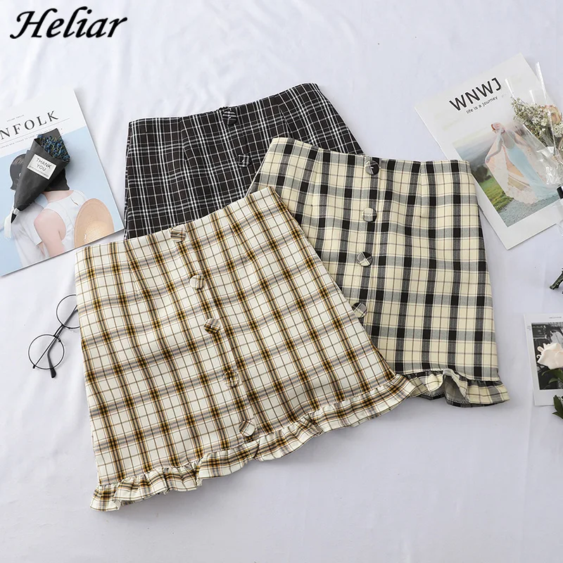 

HELIAR 2019 Spring Women Skirt Girl Ruffles A-line Mini Dress Beach South Korean Plaid Skirt Elastic High Waist Skirt