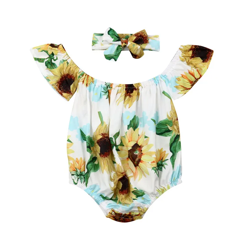 

Kid Baby Girl Sunflower Off Shoulder Romper+Headband Summer Jumpsuit Playsuit Fashion Cute Outfits 2Pcs Set Sunsuit 0-24M