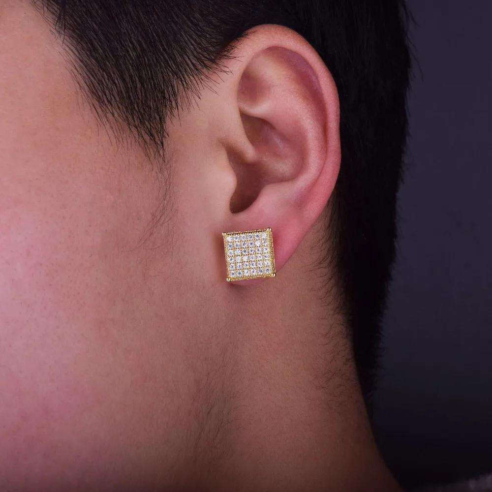 Серьги гвоздики с фианитами золотого цвета 12 х12 мм|drop stud earrings|stud earringssquare earrings |