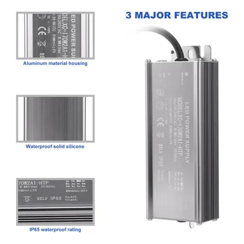 

Durable Input 85-265VAC 0.98Amax Output 23-35VDC 2100mA 70W Waterproof IP65 LED Lighting Constant Current Power Supply
