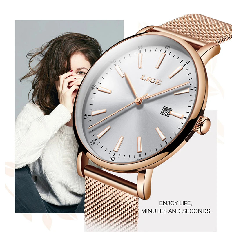 

Hot Fashion Women Rose Gold Watches Casual Ladies Luxury Mesh Belt Quartz Watch LIGE Brand Clock Relogio Feminino Dropshipping