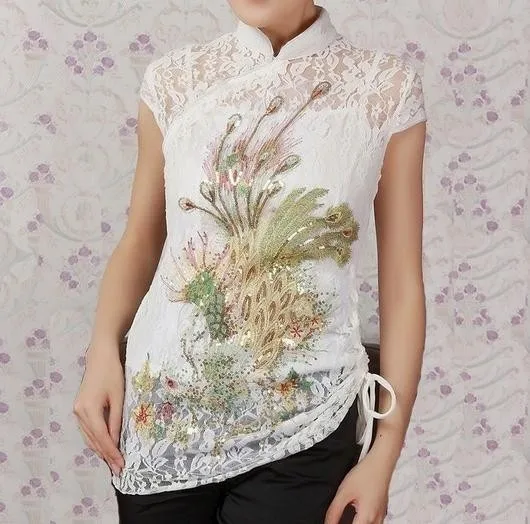 Dropshipping Fashion White Ladies Lace font b Shirt b font Tops Embroidery Totem font b Blouse
