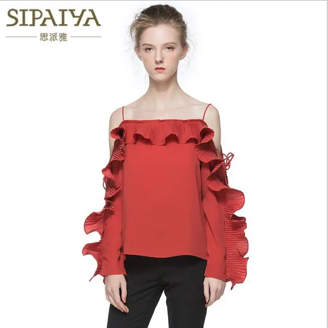 Tops Style Women Sexy Patchwork The Shirt white Slim Black Neck Top Off Blouses Sling Slash Fashion Ruffles Sipaiya Shirts European Shoulder red tgYwg5q