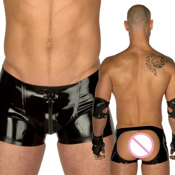 

Latex Rubber Sexy Fetish Underwear Men's Latex SHort Pants Shorts With Zip Front Open Back