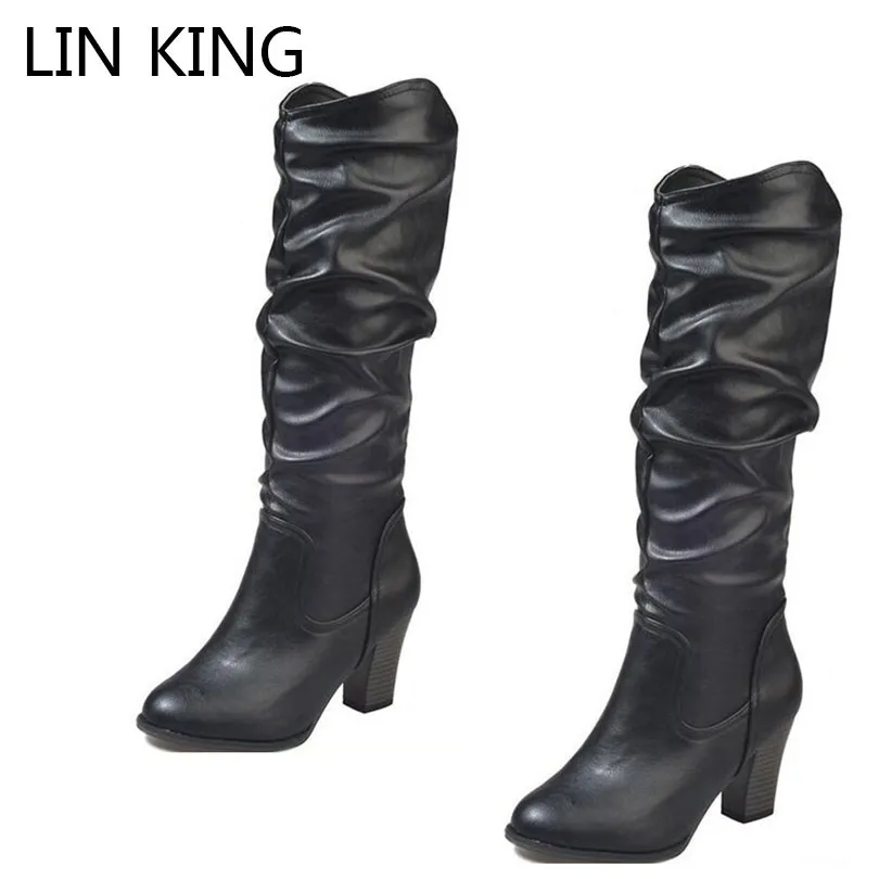 

LIN KING Vintage Women Winter Martin Boots Warm Plush Mid Calf Motorcycle Boots Solid Ladies Pointd Toe Knight Shoes Botas Mujer