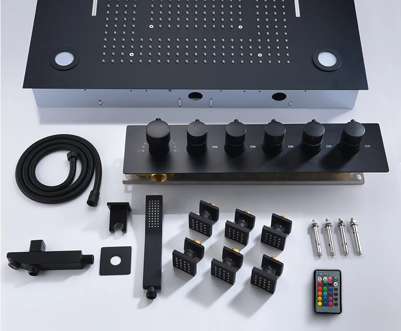 Multi-Function Shower Set Led Remote Control Light Black Brass Shower System (38)