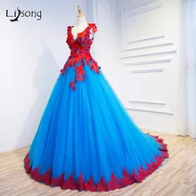 Rojo Azul Apliques de Noche Formales Vestidos Vestidos de Bola de Dos tonos Piso-Longitud del vestido de Bola vestido de festa de Noche Nupcial vestidos