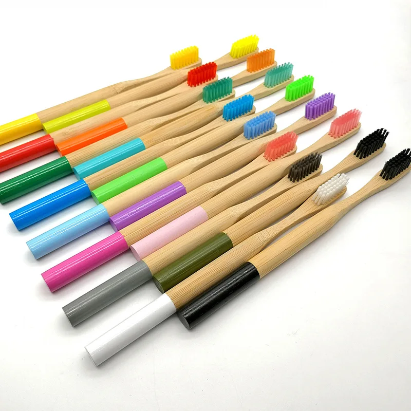 

Rainbow Bamboo Toothbrush 6 Colors Round Bamboo Handle Black Bristle Adult Tandenborstel Wooden Handle Low carbon Toothbrush