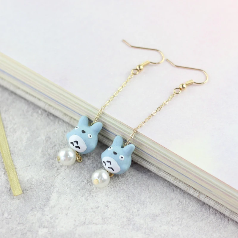 

Korean Style Ceramic Totoro Earrings Long Chain Handmade Cartoon Dangle Earrings with Pearl Simple Tassels Drop Earrings