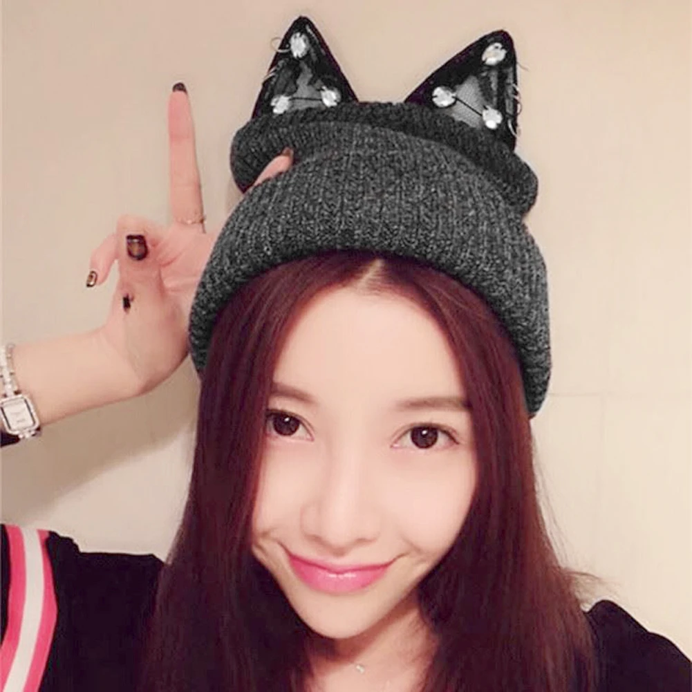 Шляпа gorro шапочка Кепки Для женщин зима теплая вязаная шапка шерсть со стразами Devil Рога кошачьи уши шляпу Skullies шапочки Женские Толстые шапк...