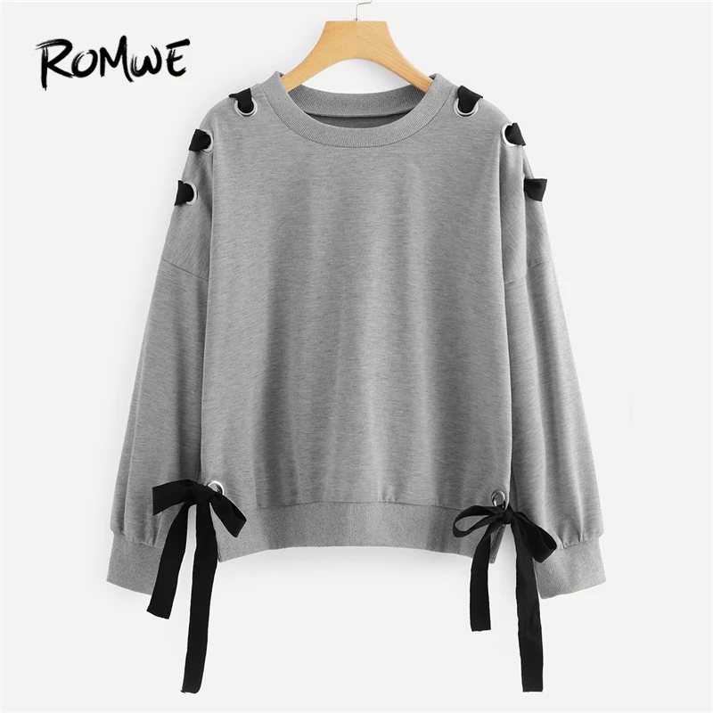  ROMWE Grey Criss Cross Drop Shoulder Knot Side Sweatshirt Women Casual Autumn Plain Clothing Tops S