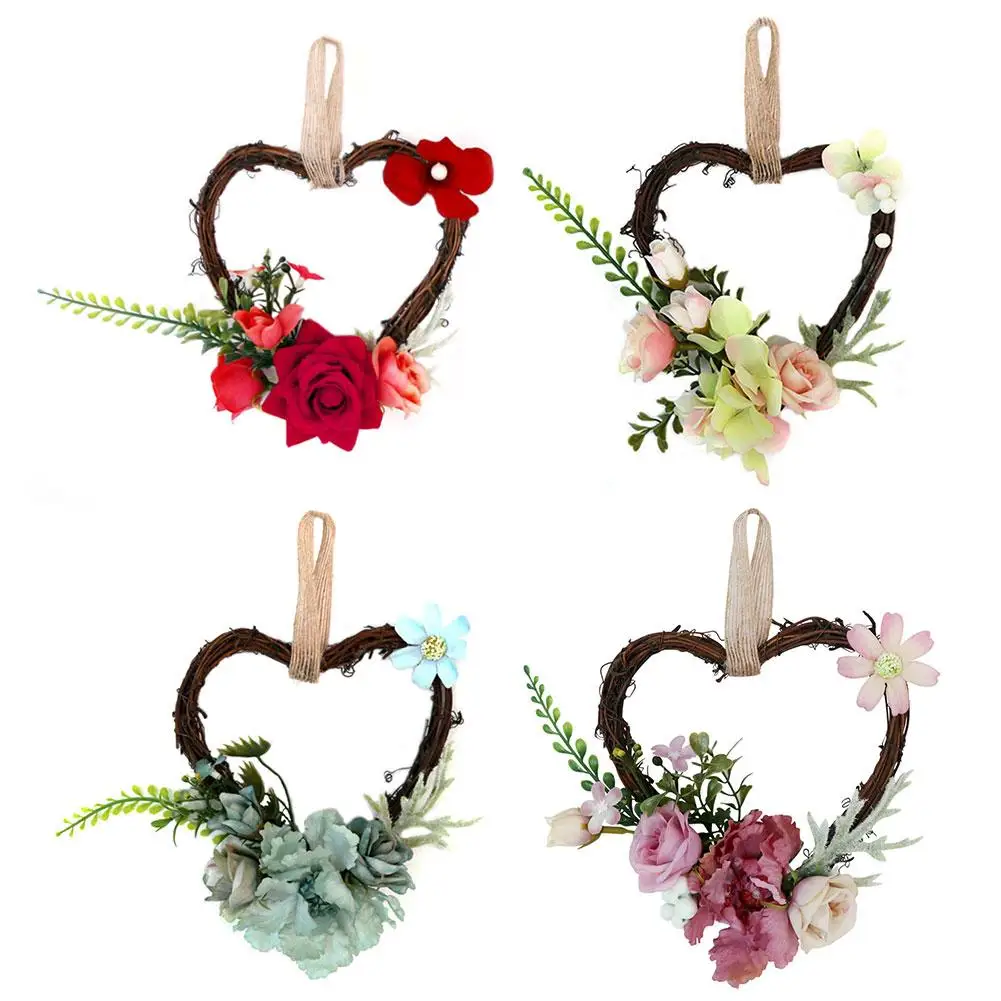 

Home Decoration Rattan Heart Shaped Garland Artificial Flower Wall Art Hanging Ornament Wedding Car Door Hanging Back Decoration