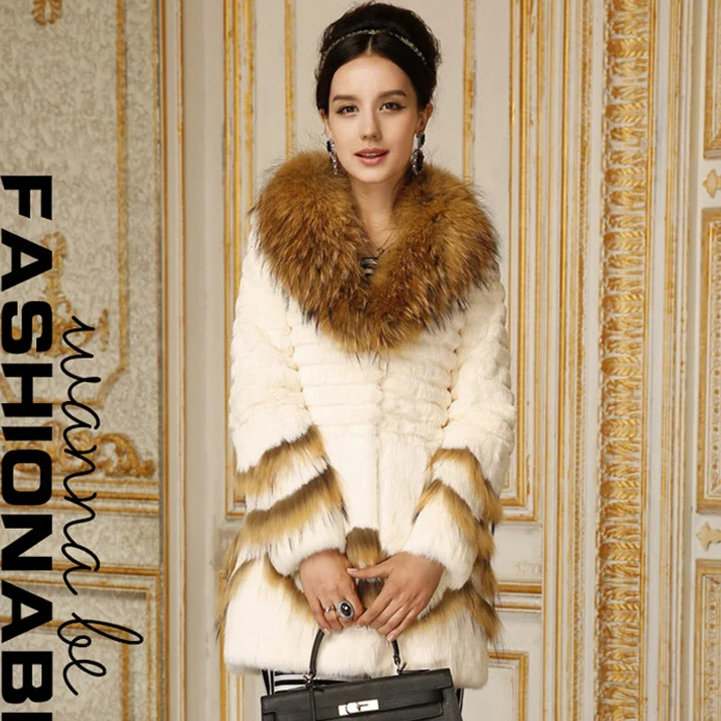New arrival women real fur jackets and coats winter natural rabbit fur jackets slim fit woman raccoon dog fur collar outerwear
