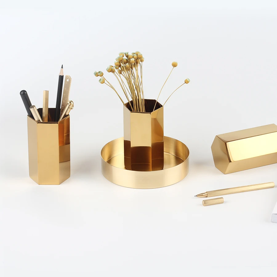 Nordic style Hexagon brass gold stainless steel metal vase / pen holder / set of storage tube storage container desk ornament