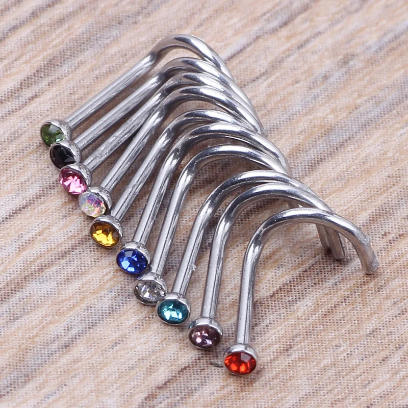 JUNLOWPY Stainless Steel crystal Nose Rings And Studs Eyebrow Labret Ear Bars Body jewelry 100pcs/lot mix 10color Piercing Nose