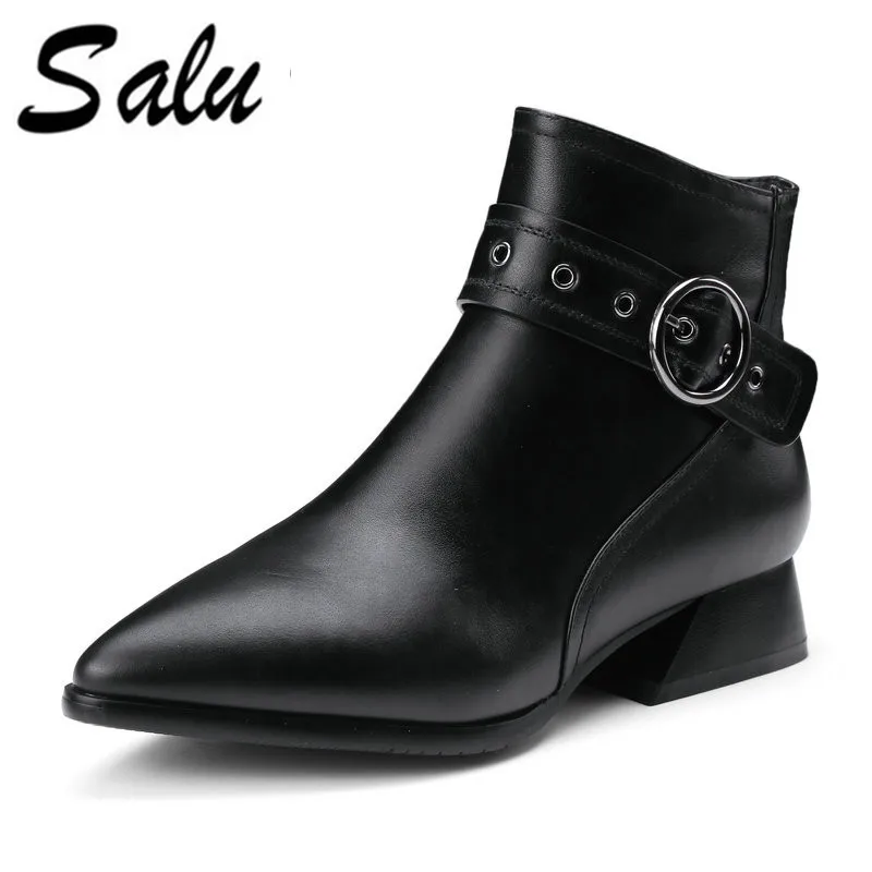 

Salu 2019 new arrival genuine leather boots women Pointed toe ankle boots keep warm autumn winter square heels shoes