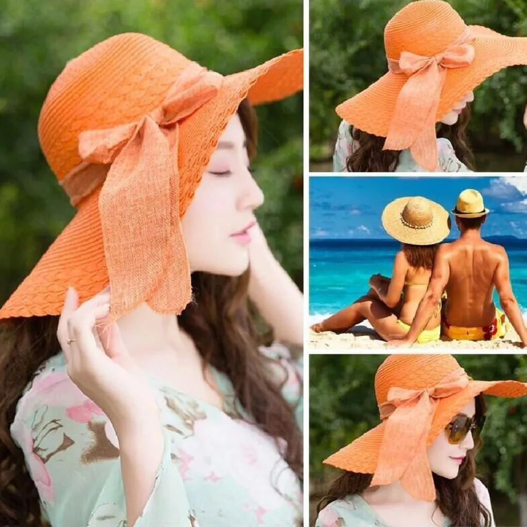 KLV/ новые модные популярные Для женщин Красочные Большой Брим соломы лук шляпа широкополая шляпа от солнца широкими полями Шапки пляжные Кепки# Z5