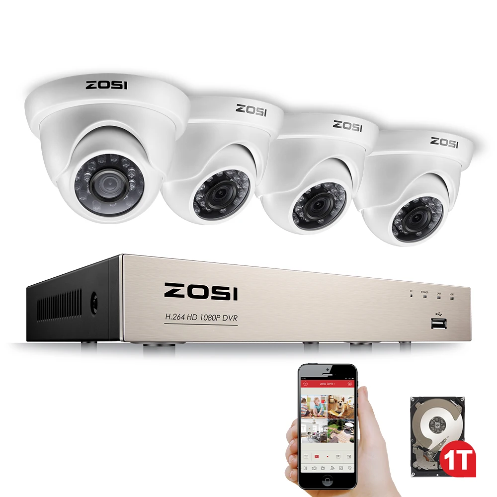 ZOSI 4CH полный 1080P видео безопасности Камера Системы, 4 White Всепогодная 1920TVL 2.0MP Камера s, 4 канала 1080P HD-TVI DVR с 1 ТБ