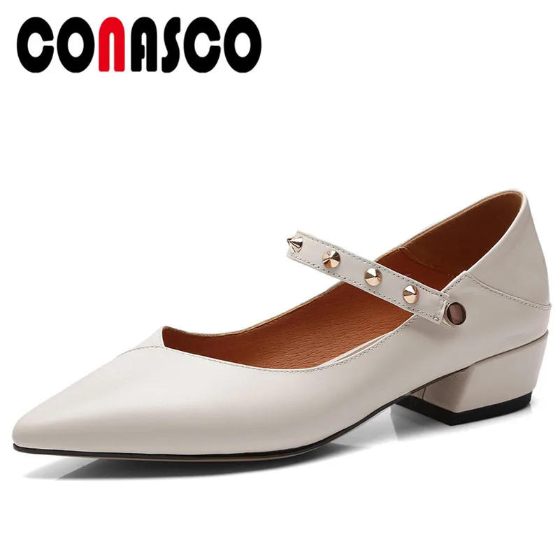 

CONASCO New Arrival Women Basic Pumps Genuine Leather Square Heels Shoes Woman Pointed Toe Party Prom Punk Rivet Shallow Shoes