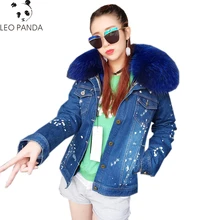 Новинка зимы Модные женские реального большой енота меховой воротник из искусственного меха толстые теплые лайнер короткий жакет женский рваные пальто HF343