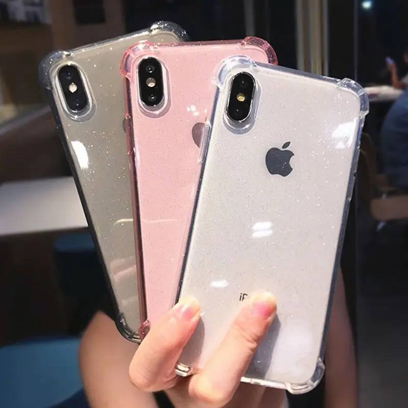 

Simple Solid Color Glitter Phone Case For iPhone X XR XS Max 8 7 Plus 6 6S Plus Four-corner anti-fall airbag Transparent Cover