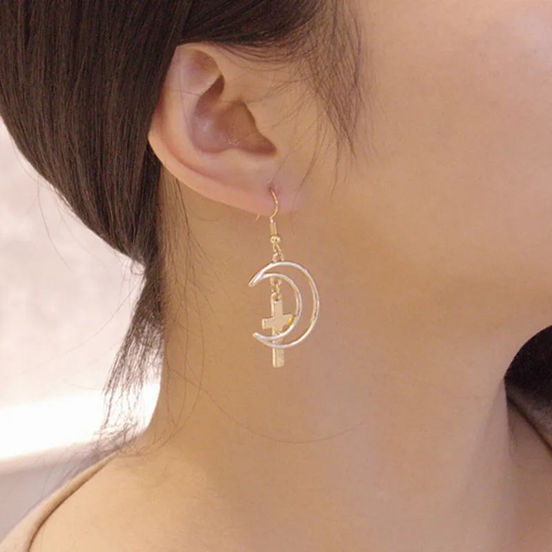 

New Design Simple Punk Geometric Hollow Moon Cross Earrings For Women Metal Tassel Earrings Fashion Bijoux Brincos Wholesale