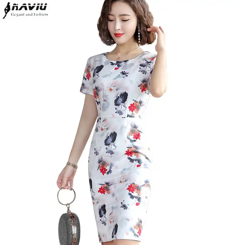 19 Summer Fashion Floral Print One Piece Dress Office Style Knee Length For Ladies Formal Clothing Uniform Dresses Aliexpress