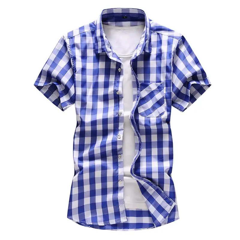 

Men's Shirts Summer Dress Blouse Men Camisa masculina Check Design New Plaid Shirt Men Short sleeve Green Blue Navy