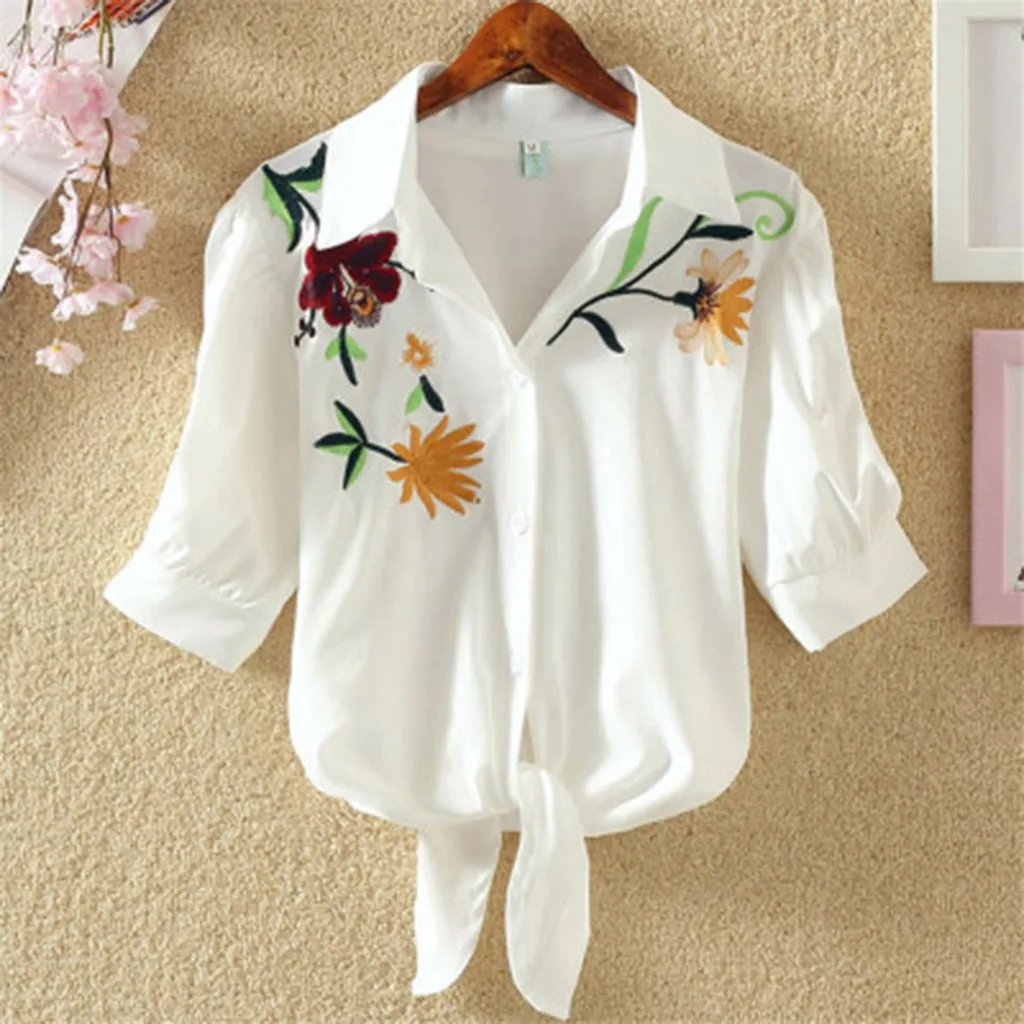 Harajuku женские топы и блузки летняя белая Цветочная вышивка блузка Готическая женская одежда блузка с коротким рукавом Blusas