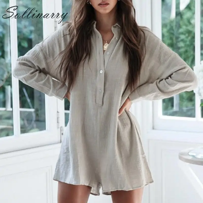 

Sollinarry Solid Grey Long Sleeves Summer Jumpsuit Women 2019 Buttoms Shirt Turndown Collar Casual Rompers Women Short Jumpsuit