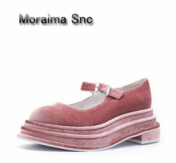 

Moraima Snc women's shoes on the platform sweet pink Velvet flats shoes Top quality girls student shoes round toe Thick bottom