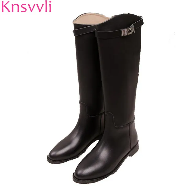 Special Price Knsvvli autumm winter flat long booties women genuine leather round toes botas mujer metal buckle band flat heel knee high boots