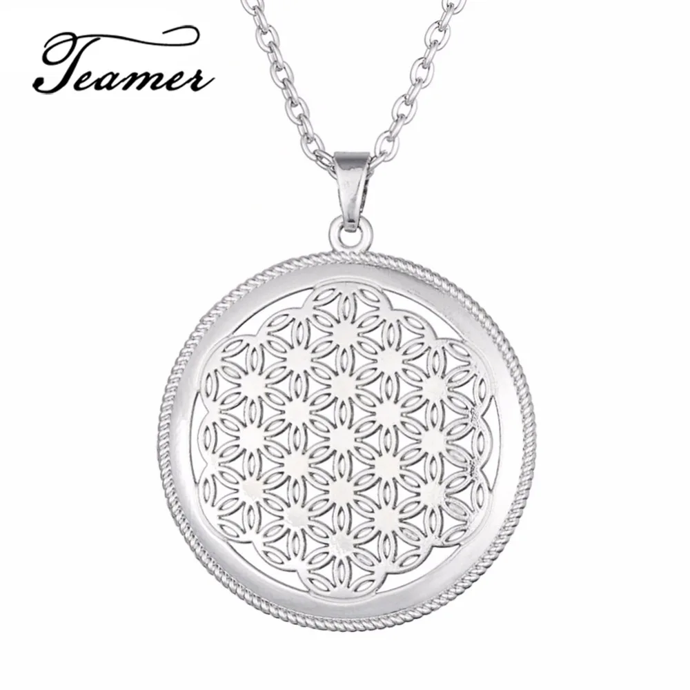 

Teamer Flower of Life Necklaces Round Hollow Pendants Egyptian Amulet Talisman Silver Mandala Women Collar Jewelry Accessories