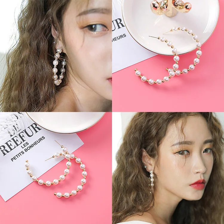 

New Fashion Women Sweet Korean Simulated Pearl Beads Half Circle Hoop Earrings Simple Round Pendientes Girl Jewelry Brincos Gift
