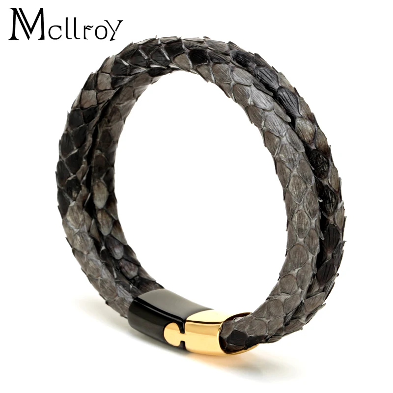 Mcllroy 6 мм браслет с рисунком "Змеиная кожа" браслет из кожи и нержавеющей стали с магнитной пряжкой хлопает двойной кожаный браслет для мужчин