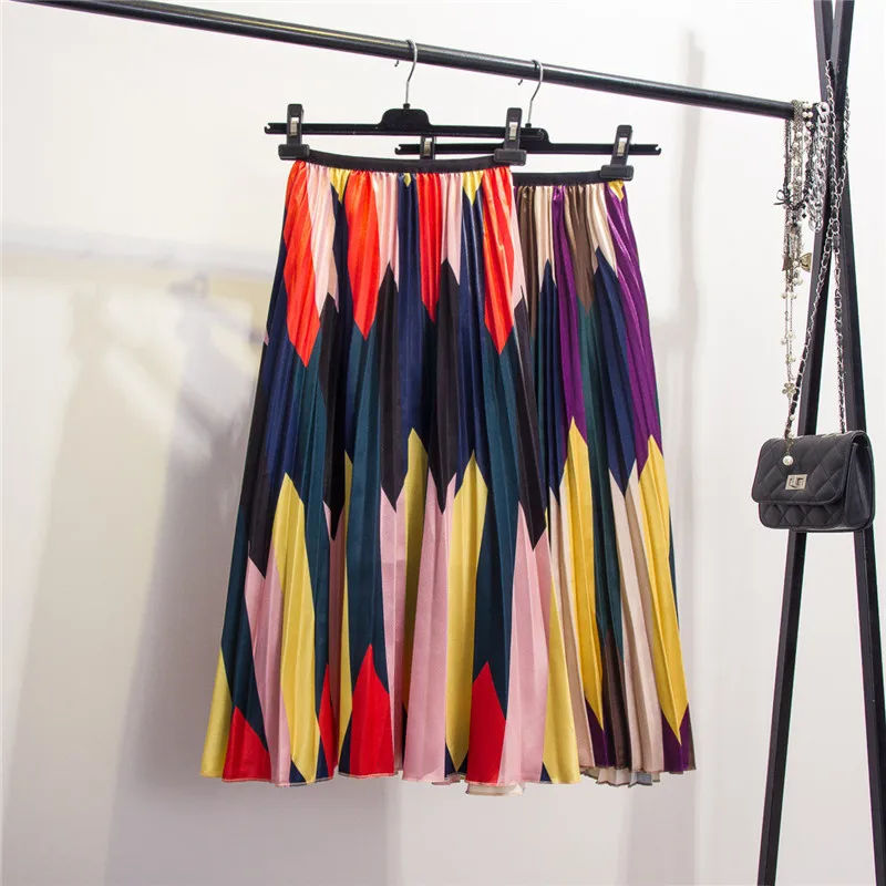 

2019 New-Coming Spring Autumn Hihg Street Style Mid-Calf Holiday Beach Women Skirts Print A-Line Empire Folk Style Skirts Female