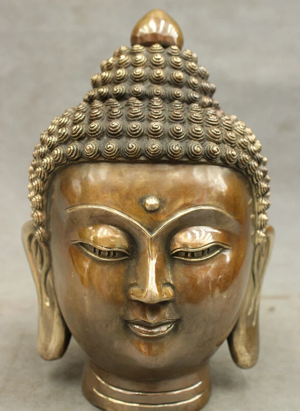 

S4330 9" Chinese Tibet Buddha Copper Shakyamuni Sakyamuni Head Bronze Bust Statue D0317