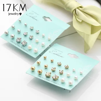 17KM New 9 Pairs/set Crystal Simulated Pearl Stud Earrings Piercing Gold Color Fashion Earrings For Women Bijoux Jewelry Brincos
