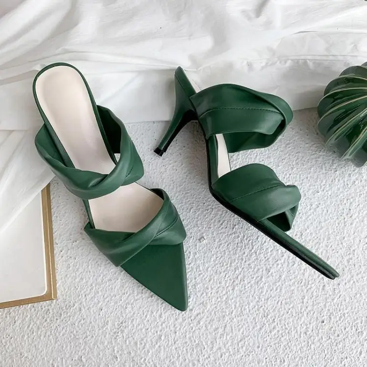 

Fashion Pleated Two Buckle Women Sandals Chic Pointed Sole Slip on Ladies Mules High Heels Female Stiletto Brand Sandales Femmes