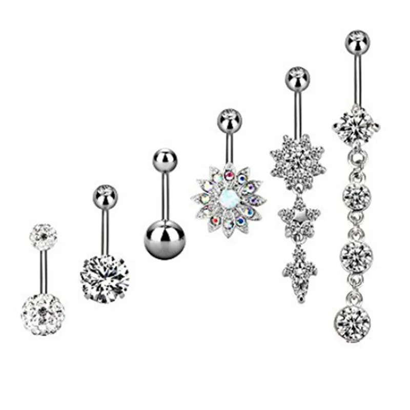 6Pcs/Set Dangle Round Crystal Navel Ring NEW Stainless Steel Earrings Ear Nail Belly Button Rings Piercing Jewelry Wholesale