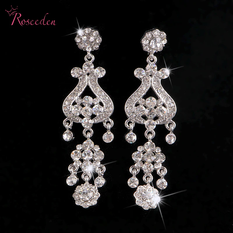 New Chandelier Crystal Rhinestone Silver Earrings Bridal Long