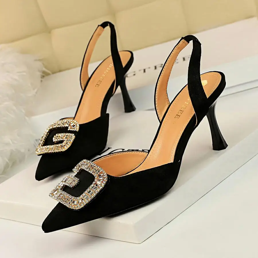 BIGTREE/элегантные женские туфли-лодочки на высоком каблуке со стразами свадебные туфли из флока с острым носком женские вечерние туфли с ремешками и стразами - Цвет: Черный