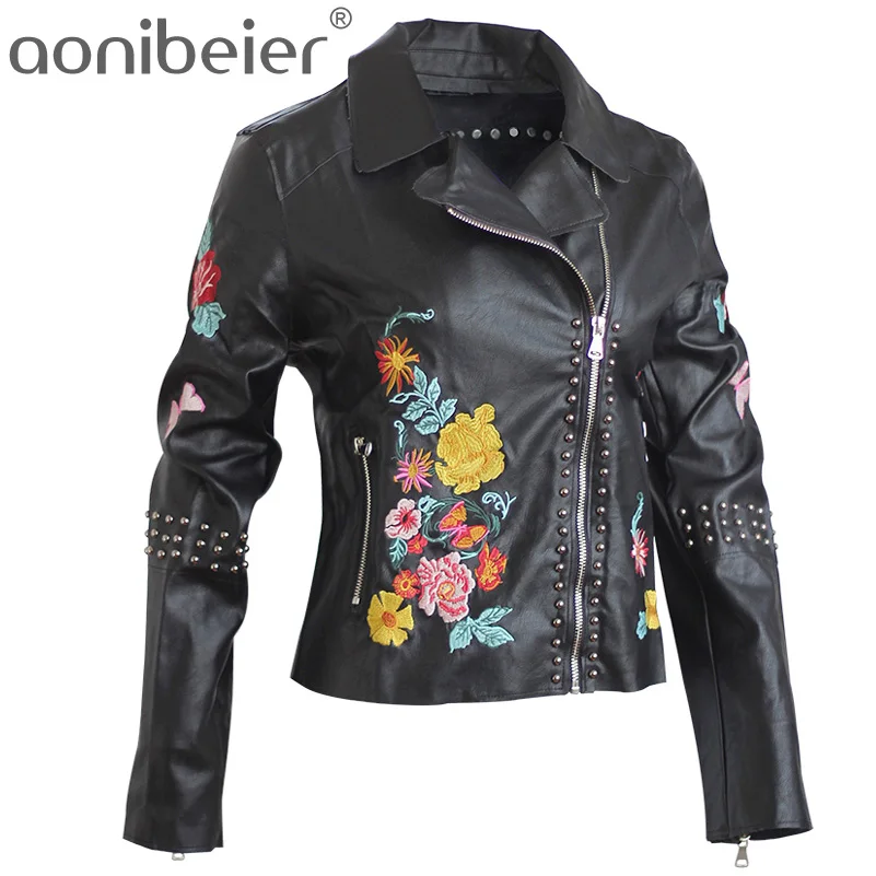 Aonibeier Осенняя мода pu кожаные куртки Уличная одежда с длинным рукавом для женщин куртка Цветочный Вышивка заклепки дамы пальто на молнии