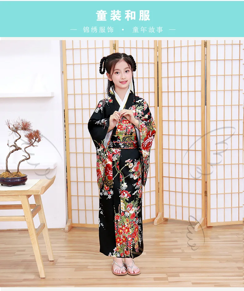 X003-4 Kids Print Japanese Traditional Kimono Bathrobe Girls Yukata Princess Skirt Show Cosplay Costume Children Lovely Butterfly Dress - Цвет: X003-4